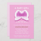ピンクエンジェルウィングスベビシャワーカード 招待状 (正面/裏面)