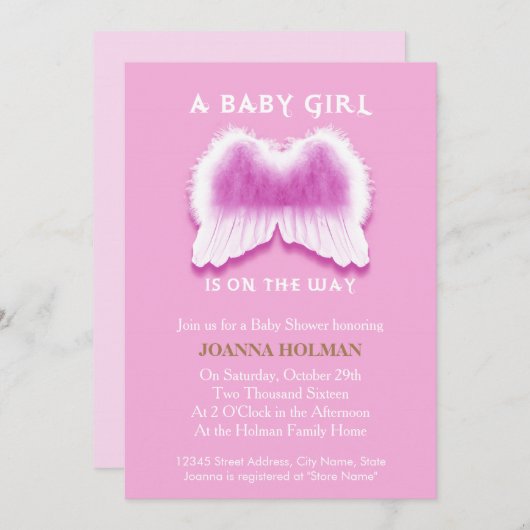 ピンクエンジェルウィングスベビシャワーカード 招待状 (正面/裏面)