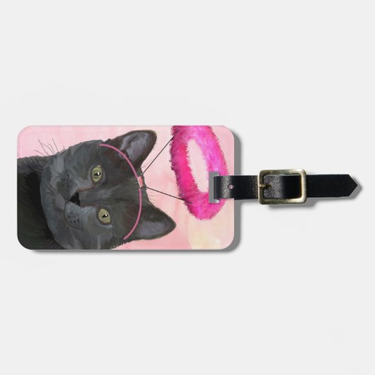 ピンクエンジェルハロー付き黒猫 ラゲッジタグ (正面横)