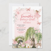 ピンクエンチャントフォレストガールフェアリーファースト誕生日 招待状 (正面)
