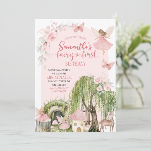 ピンクエンチャントフォレストガールフェアリーファースト誕生日 招待状 (スタンド正面)