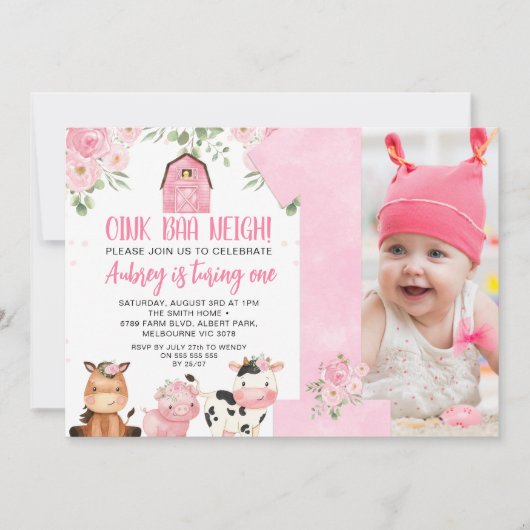 ピンクオインバアネイグガールズ1st誕生日招待状 招待状 (正面)