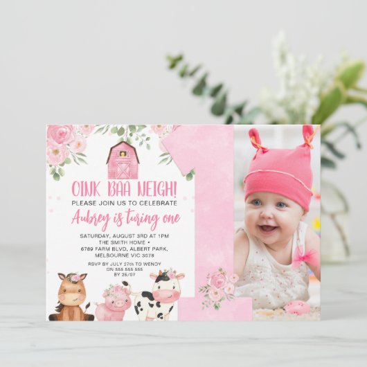 ピンクオインバアネイグガールズ1st誕生日招待状 招待状 (スタンド正面)