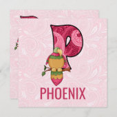 ピンクオウム文字P子供の誕生日パーティー 招待状 (正面/裏面)