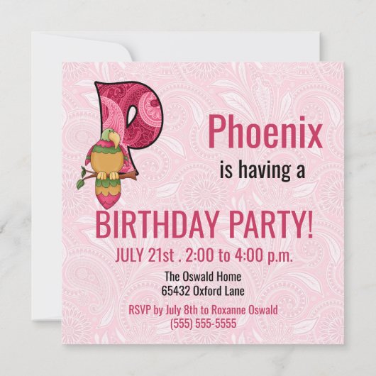 ピンクオウム文字P子供の誕生日パーティー 招待状 (裏面)