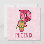 ピンクオウム文字P子供の誕生日パーティー 招待状 (正面)