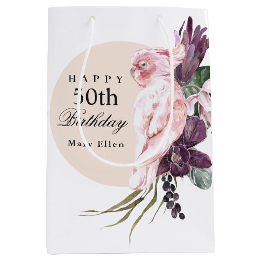 ピンクオウムBohoトロピカルバースデーパーティー50th ミディアムペーパーバッグ (正面)