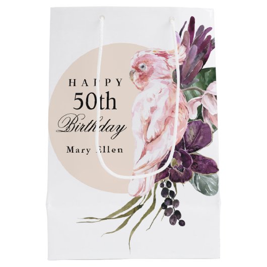 ピンクオウムBohoトロピカルバースデーパーティー50th ミディアムペーパーバッグ (裏面)