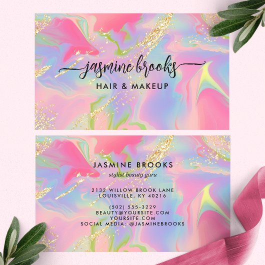 ピンクオパール水カラー金ゴールドグリッター 名刺