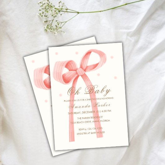 ピンクオベビーミニマル水玉模様ボウベビーシャワー 招待状