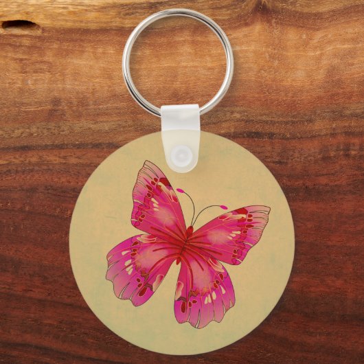 ピンクオリエンタルヴィンテージ蝶アート キーホルダー (正面)