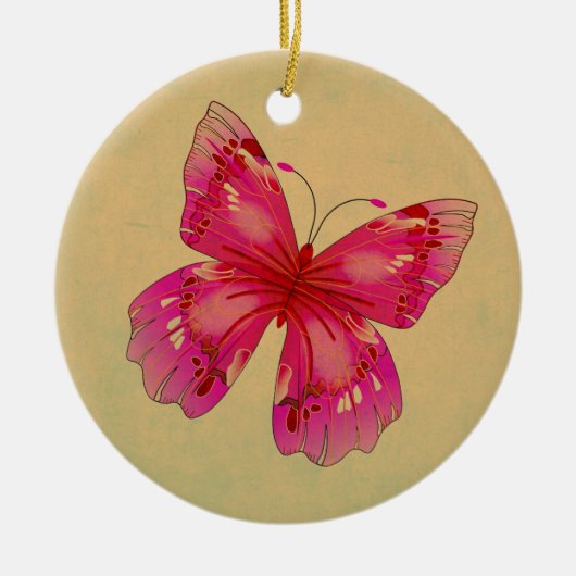ピンクオリエンタルヴィンテージ蝶アート セラミックオーナメント (正面)