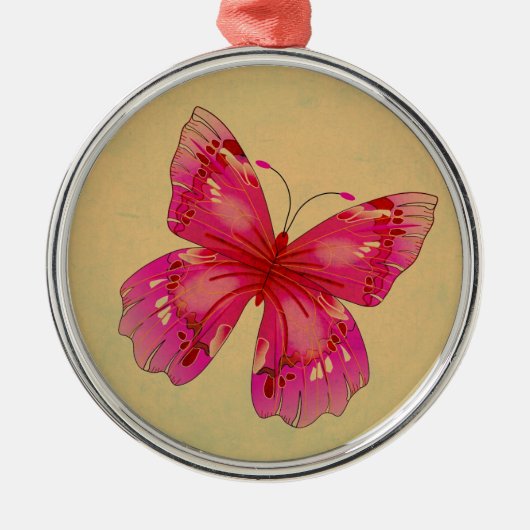 ピンクオリエンタルヴィンテージ蝶アート メタルオーナメント (正面)