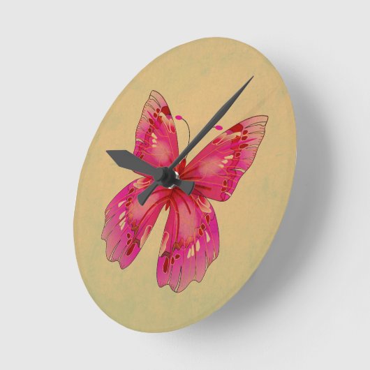 ピンクオリエンタルヴィンテージ蝶アート ラウンド壁時計 (傾斜)