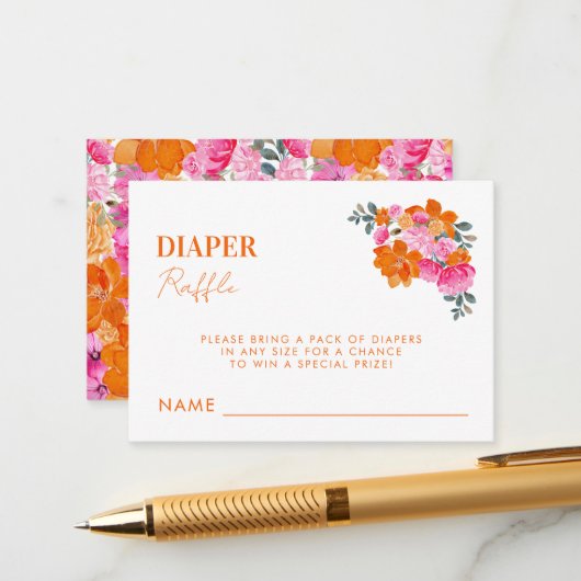 ピンクオレンジおむつラッフルガール赤ちゃんシャワーゲーム エンクロージャーカード (正面/裏面インサイチュ)
