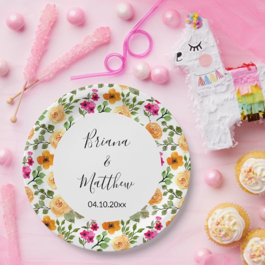 ピンクオレンジかわいい夏のフローラ ペーパープレート (パーティー)