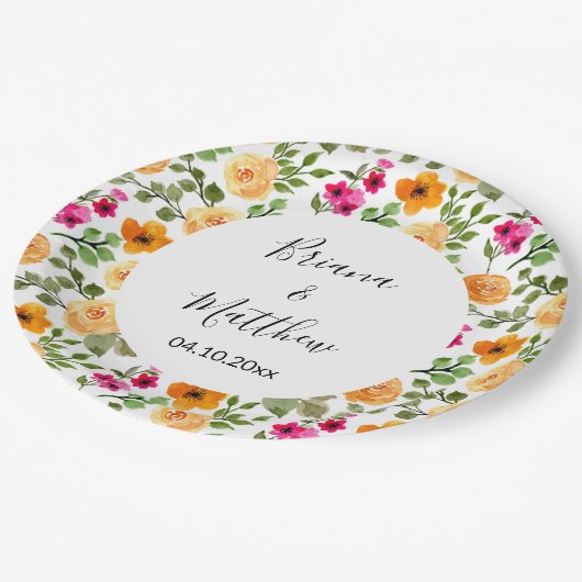 ピンクオレンジかわいい夏のフローラ ペーパープレート (アングル)