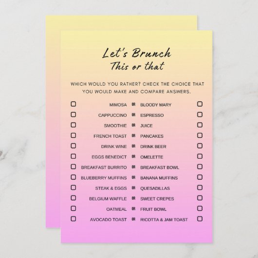 ピンクオレンジこの又はそのブランチパーティーゲーム 招待状 (正面/裏面)