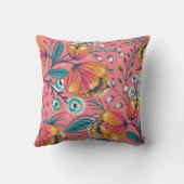 ピンクオレンジとターコイズの花柄 クッション (裏面)