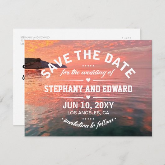 ピンクオレンジのサンセットシーセーブザデートワード 案内ポストカード (正面/裏面)