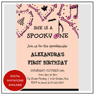 ピンクオレンジのドクロのハロウィンおばけの1歳の誕生日 招待状