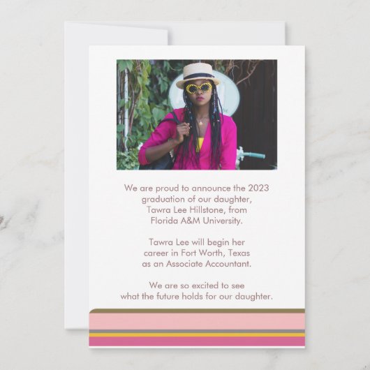 ピンクオレンジのライン状の卒業お知らせカード 招待状 (裏面)