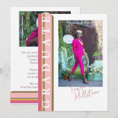 ピンクオレンジのライン状卒業お知らせカード 招待状 (正面/裏面)