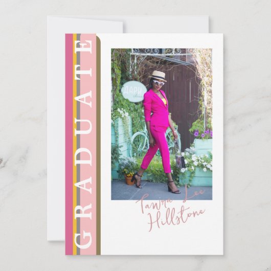 ピンクオレンジのライン状卒業発表カード 招待状 (正面)