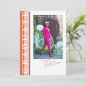 ピンクオレンジのライン状卒業発表カード 招待状 (スタンド正面)