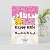 ピンクオレンジのレトロなワン・ハッピー・ベイビーの1歳の誕生日 招待状 (スタンド正面)