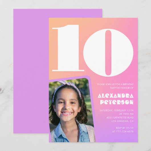 ピンクオレンジのレトロな10歳の誕生日招待状 招待状 (正面/裏面)