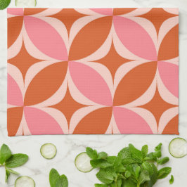 ピンクオレンジの円形にミッドセンチュリーのスターバースト キッチンタオル
