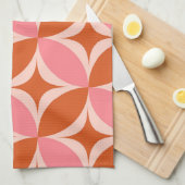 ピンクオレンジの円形にミッドセンチュリーのスターバースト キッチンタオル (四つ折り)