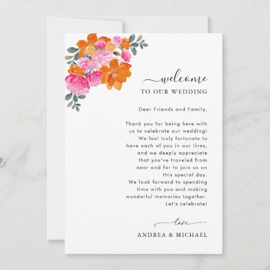 ピンクオレンジの結婚式ウェルカムレター行程カード 招待状 (正面)