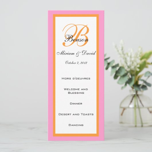 ピンクオレンジの結婚式メニューカーズ 招待状 (スタンド正面)