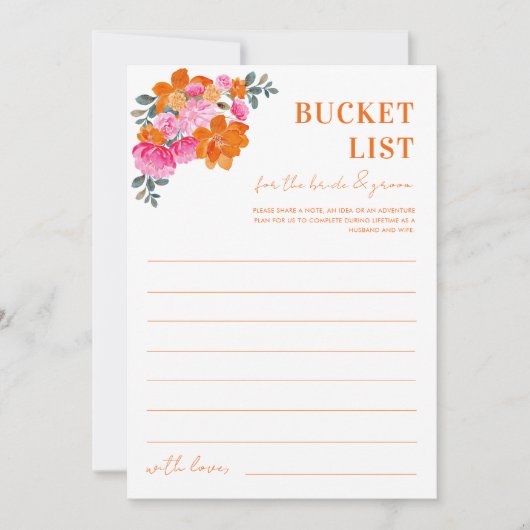ピンクオレンジの花のブライダルシャワーバケットリストカード 招待状 (正面)