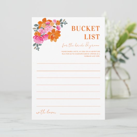 ピンクオレンジの花のブライダルシャワーバケットリストカード 招待状 (スタンド正面)