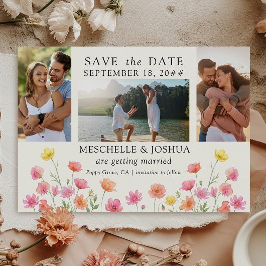 ピンクオレンジの花の結婚式フォトセット セーブザデート