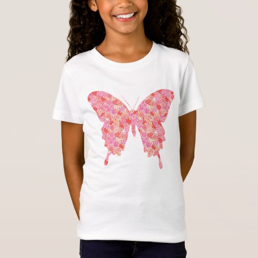 ピンクオレンジの花柄の蝶 Tシャツ (正面)