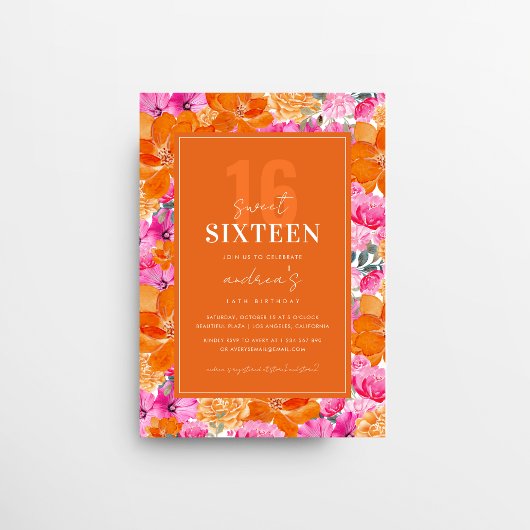 ピンクオレンジの鮮やかなガーデン スイート16の誕生日パーティー 招待状