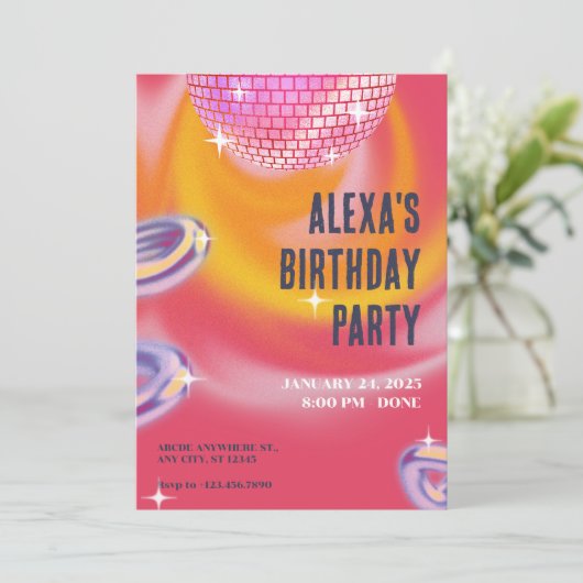 ピンクオレンジのY2Kネオンディスコボールパーティー 招待状 (スタンド正面)