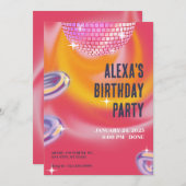 ピンクオレンジのY2Kネオンディスコボールパーティー 招待状 (正面/裏面)