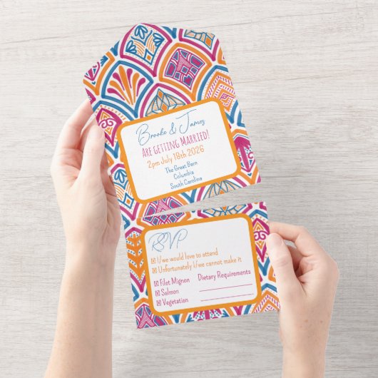 ピンクオレンジイエローティール（緑がかった色）装飾ファ結婚ン オールインワン招待状 (貼ってはがせる)