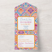 ピンクオレンジイエローティール（緑がかった色）装飾ファ結婚ン オールインワン招待状 (内側)