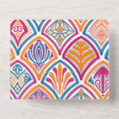 ピンクオレンジイエローティール（緑がかった色）装飾ファ結婚ン オールインワン招待状 (裏面)