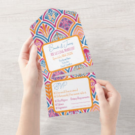 ピンクオレンジイエローティール（緑がかった色）装飾ファ結婚ン オールインワン招待状