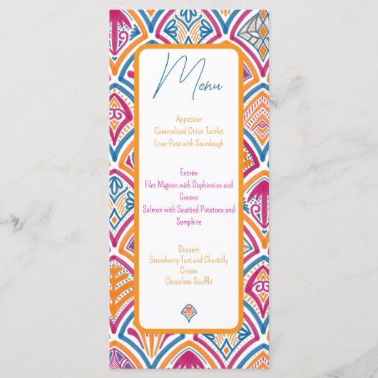 ピンクオレンジイエローティール（緑がかった色）装飾ファ結婚ン メニュー (正面)