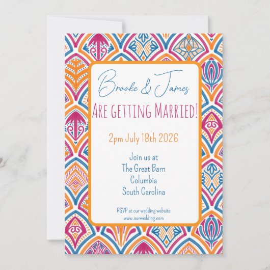 ピンクオレンジイエローティール（緑がかった色）装飾ファ結婚ン 招待状 (正面)