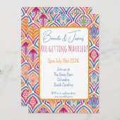 ピンクオレンジイエローティール（緑がかった色）装飾ファ結婚ン 招待状 (正面/裏面)
