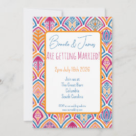 ピンクオレンジイエローティール（緑がかった色）装飾ファ結婚ン 招待状